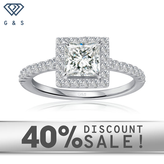 Forever Classic Halo princess cut moissanite engagement ring set in 9ct white gold.
