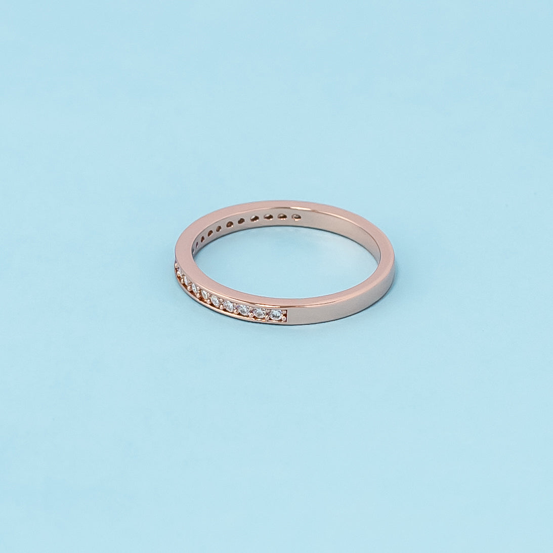 Timeless and luxurious pave moissanite wedding band set crafted in 9ct rose gold.
