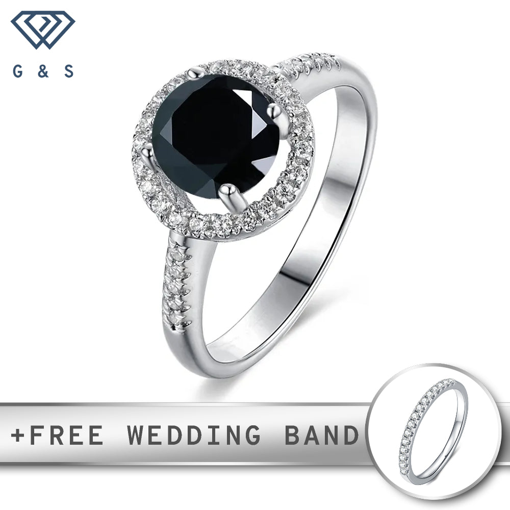 A 1.00ct black moissanite engagement ring set in sterling silver, featuring a unique heart-shaped halo for a romantic touch.