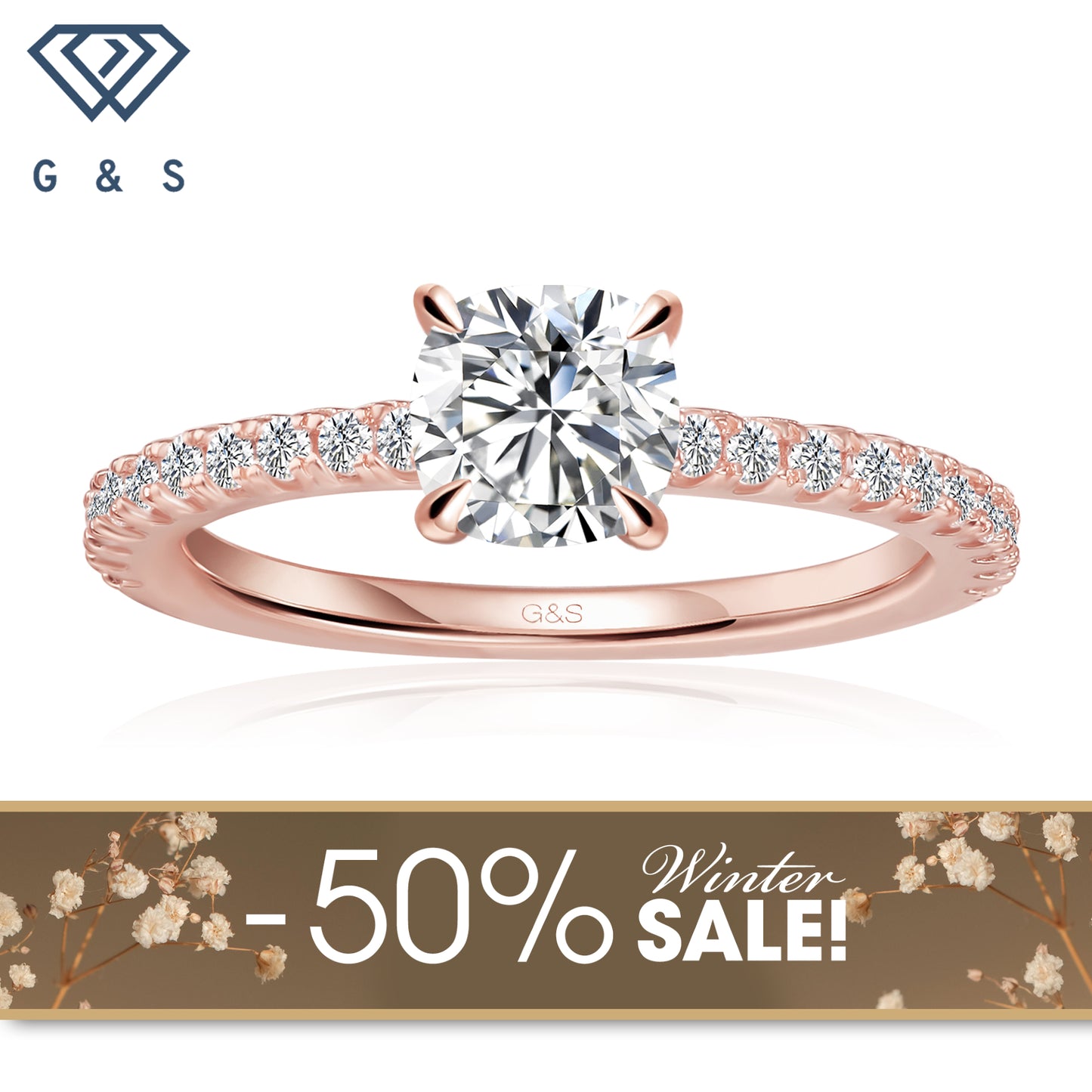 Hidden Elegance Cushion Cut Moissanite Engagement Ring - 18ct Rose Gold Plated - Winter Sale