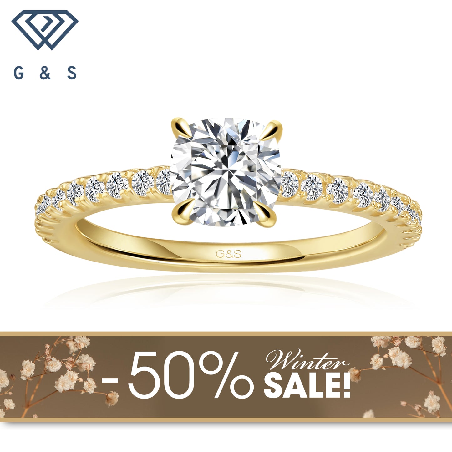 Hidden Elegance Cushion Cut Moissanite Engagement Ring - 18ct Yellow Gold Plated - Winter Sale