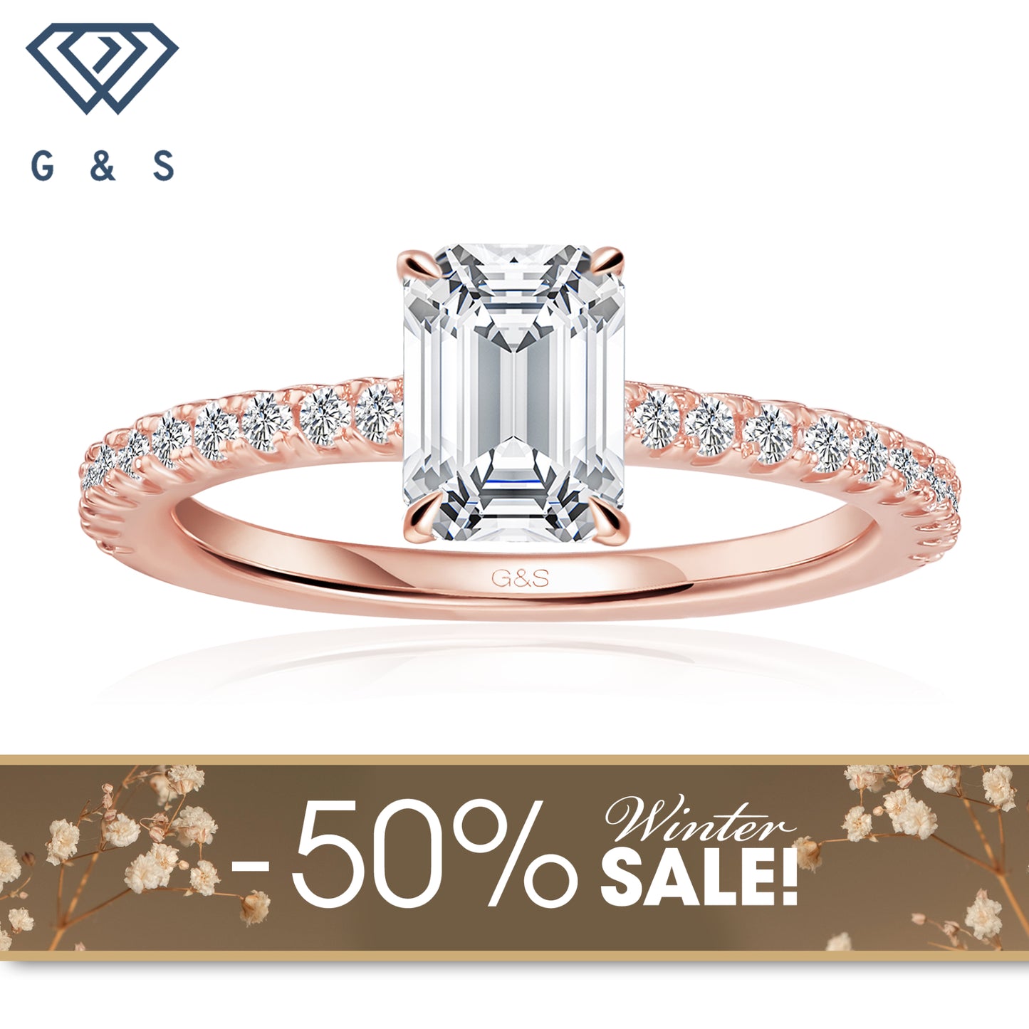 Hidden Elegance Emerald Cut Moissanite Engagement Ring - 18ct Rose Gold Plated - Winter Sale