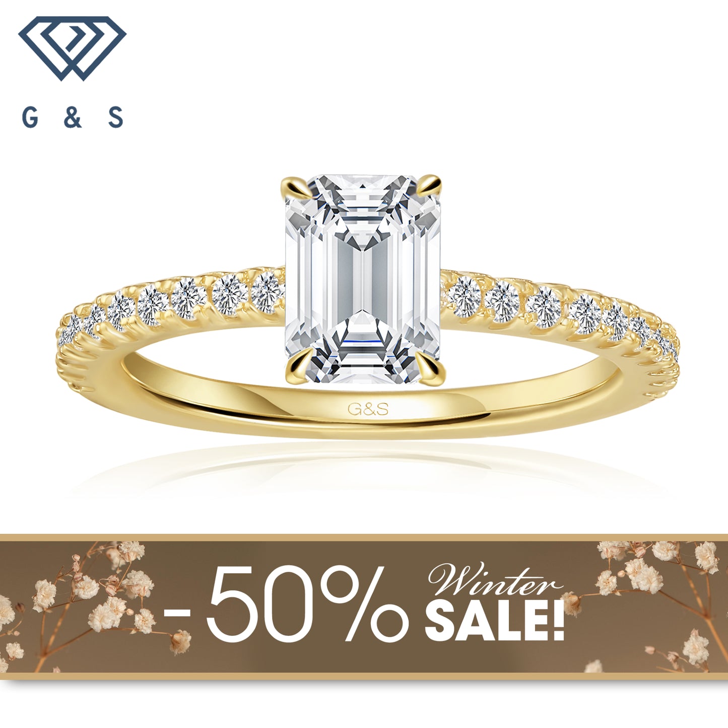 Hidden Elegance Emerald Cut Moissanite Engagement Ring - 18ct Yellow Gold Plated - Winter Sale