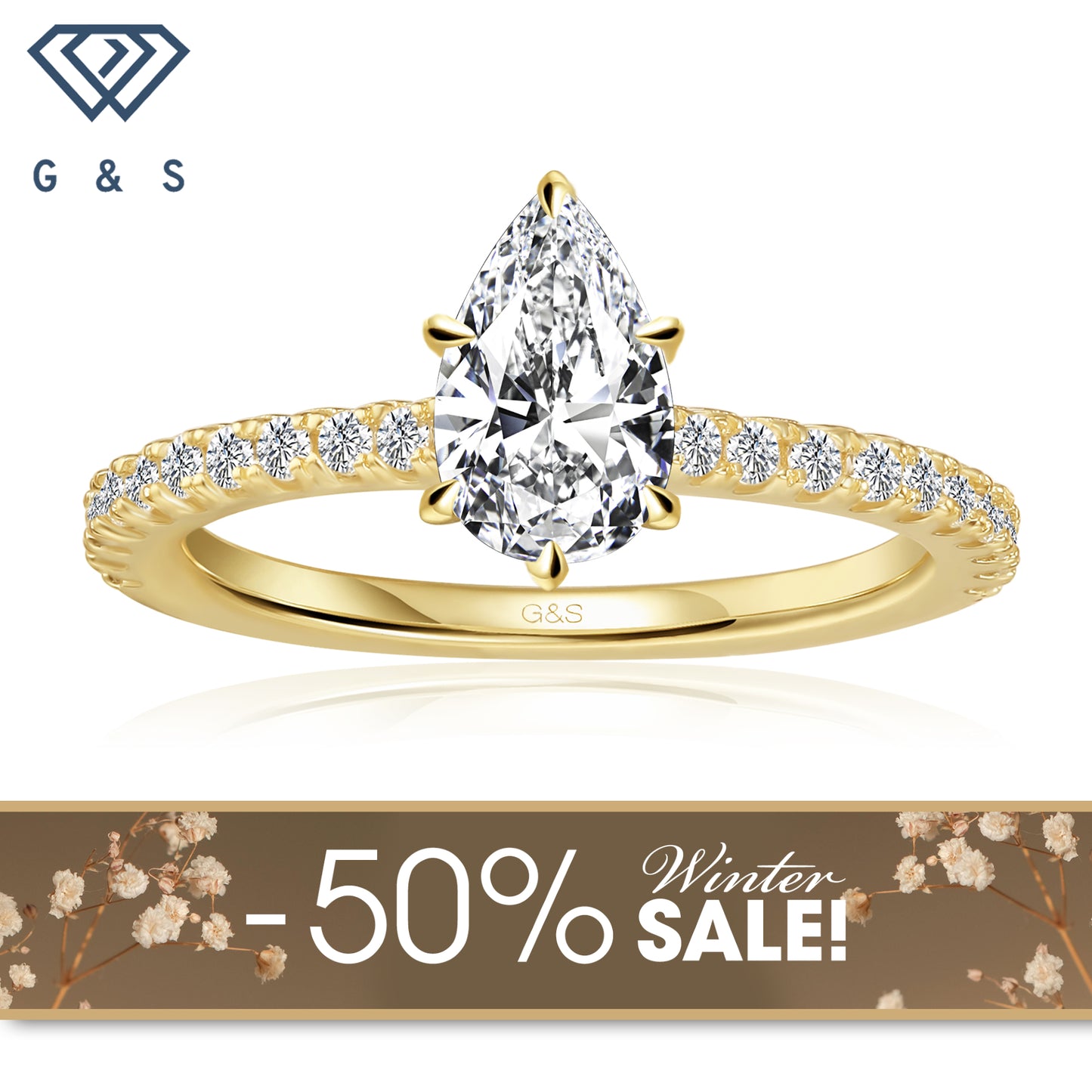 Hidden Elegance Pear Shape Moissanite Engagement Ring - 18ct Yellow Gold Plated - Winter Sale