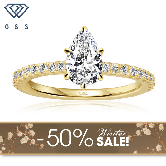 Hidden Elegance Pear Shape Moissanite Engagement Ring - 18ct Yellow Gold Plated - Winter Sale