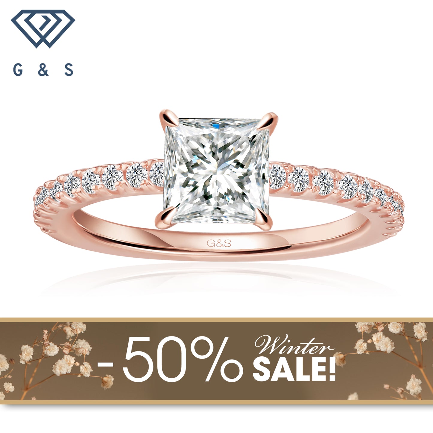 Hidden Elegance Princess Cut Moissanite Engagement Ring - 18ct Rose Gold Plated - Winter Sale