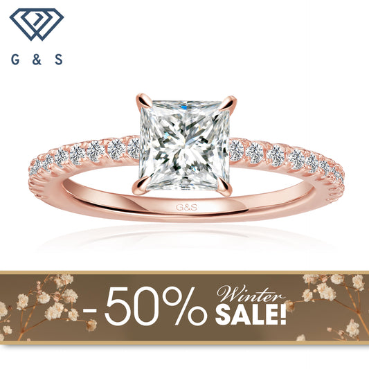 Hidden Elegance Princess Cut Moissanite Engagement Ring - 18ct Rose Gold Plated - Winter Sale
