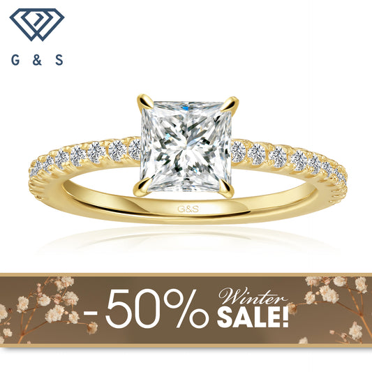 Hidden Elegance Princess Cut Moissanite Engagement Ring - 18ct Yellow Gold Plated - Winter Sale