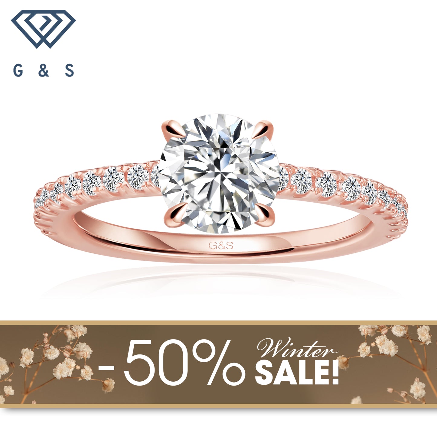 Hidden Elegance Round Brilliant Moissanite Engagement Ring - 18ct Rose Gold Plated - Winter Sale