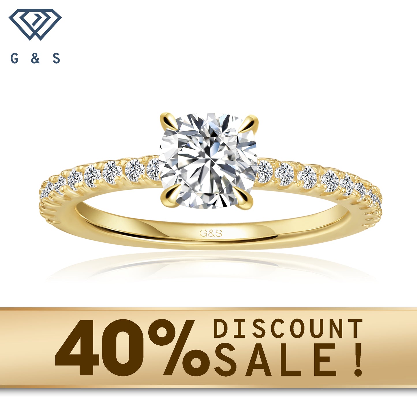 A 9ct yellow gold engagement ring featuring a cushion cut moissanite with a hidden halo for added sparkle.