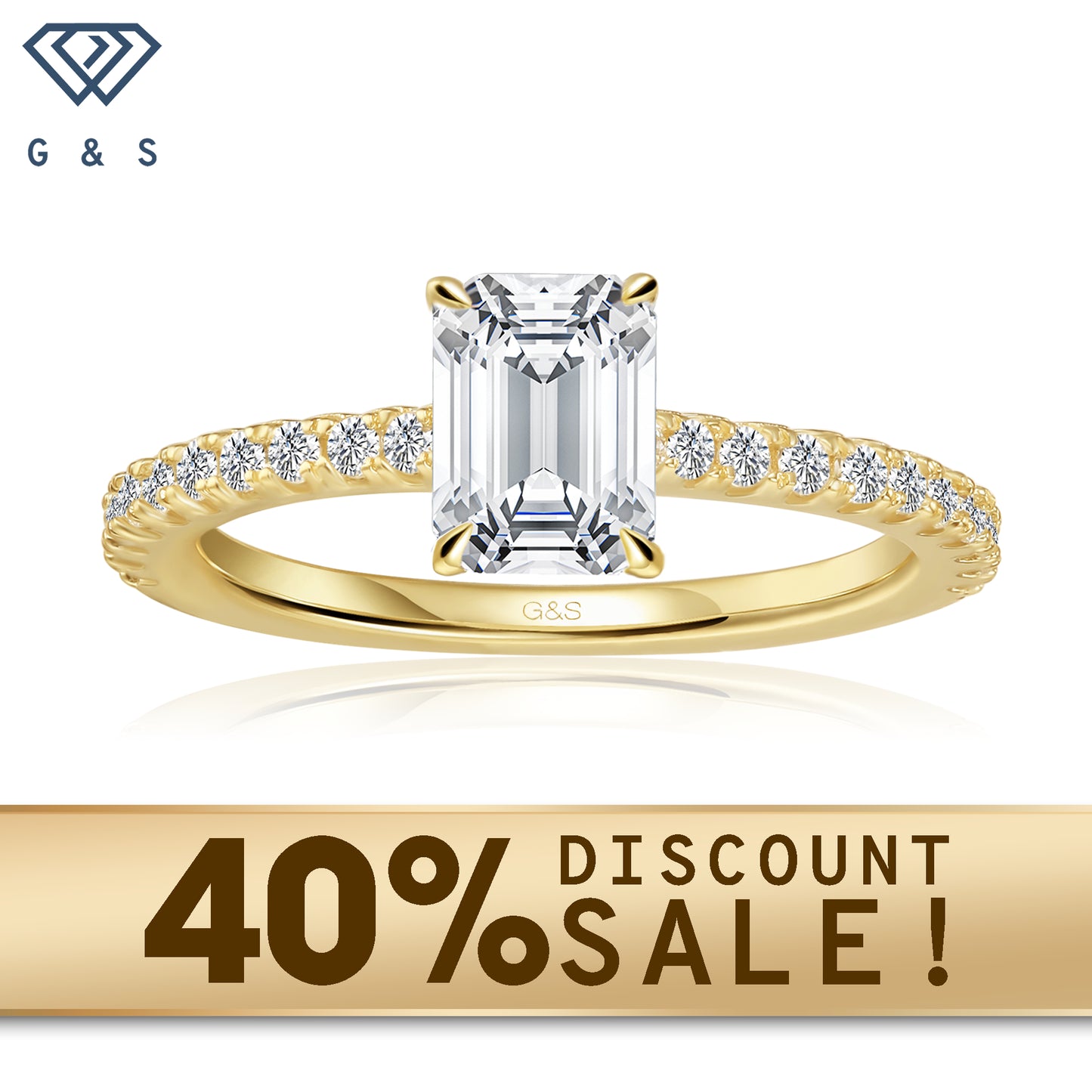 A 9ct yellow gold engagement ring featuring a hidden halo and a 1.00ct emerald cut moissanite.