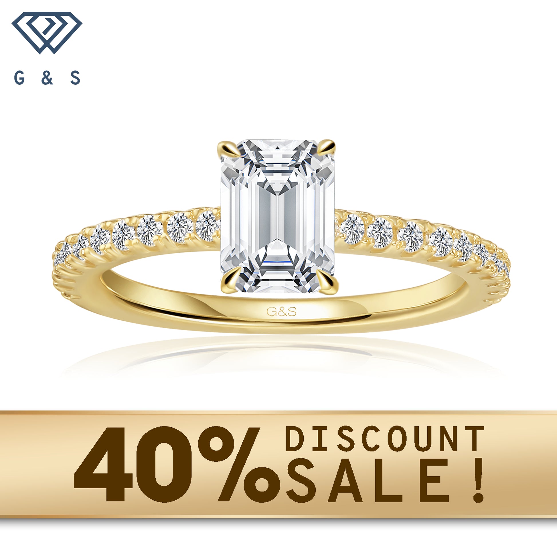 A 9ct yellow gold engagement ring featuring a hidden halo and a 1.00ct emerald cut moissanite.