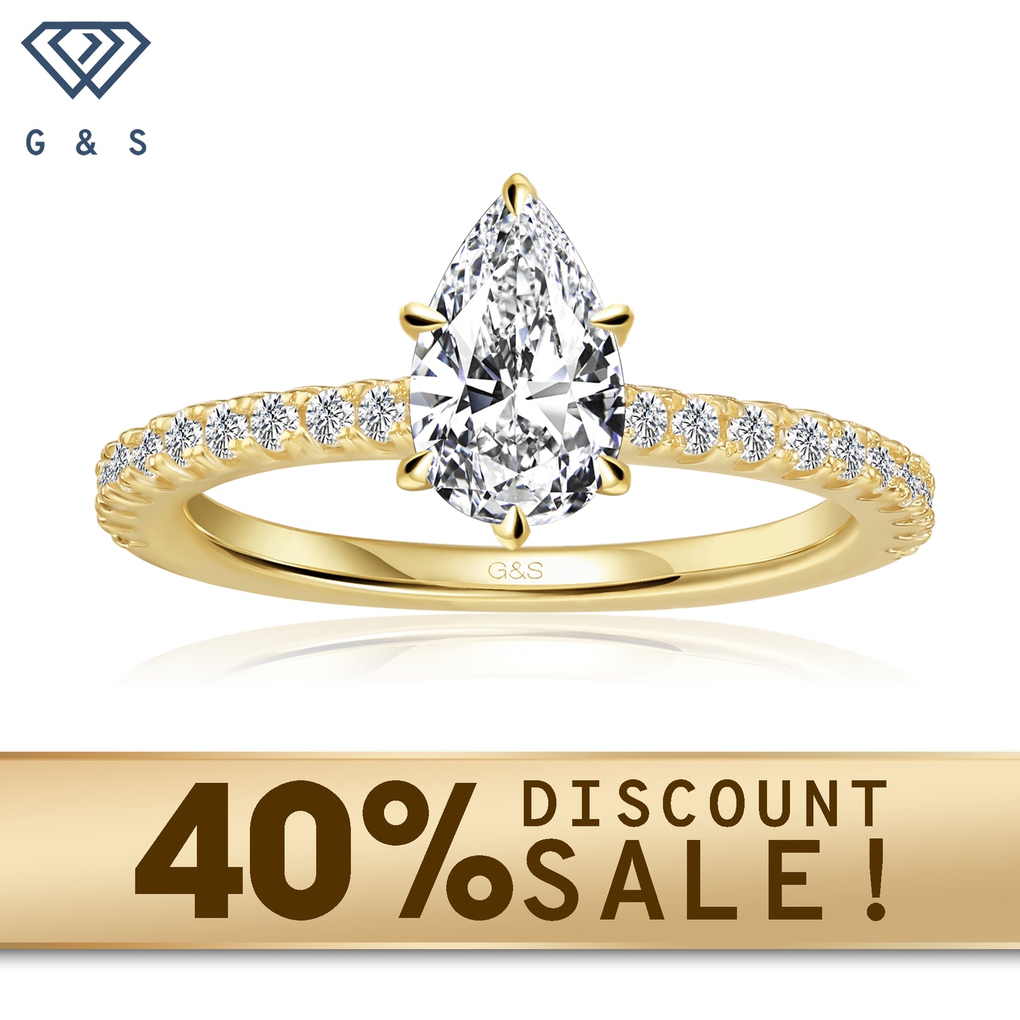 A 9ct yellow gold engagement ring featuring a pear-shaped moissanite with a hidden halo for extra sparkle.