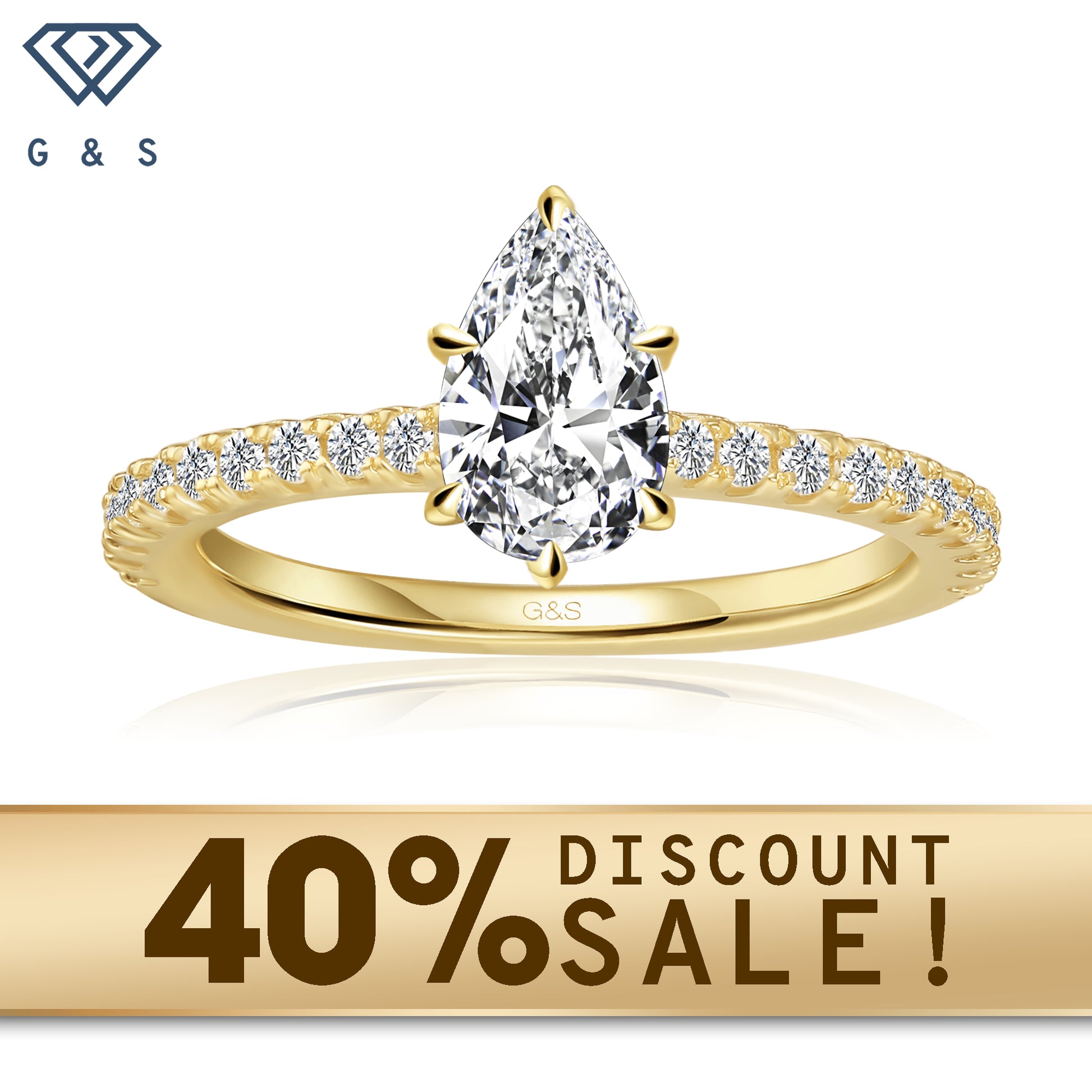 A 9ct yellow gold engagement ring featuring a pear-shaped moissanite with a hidden halo for extra sparkle.