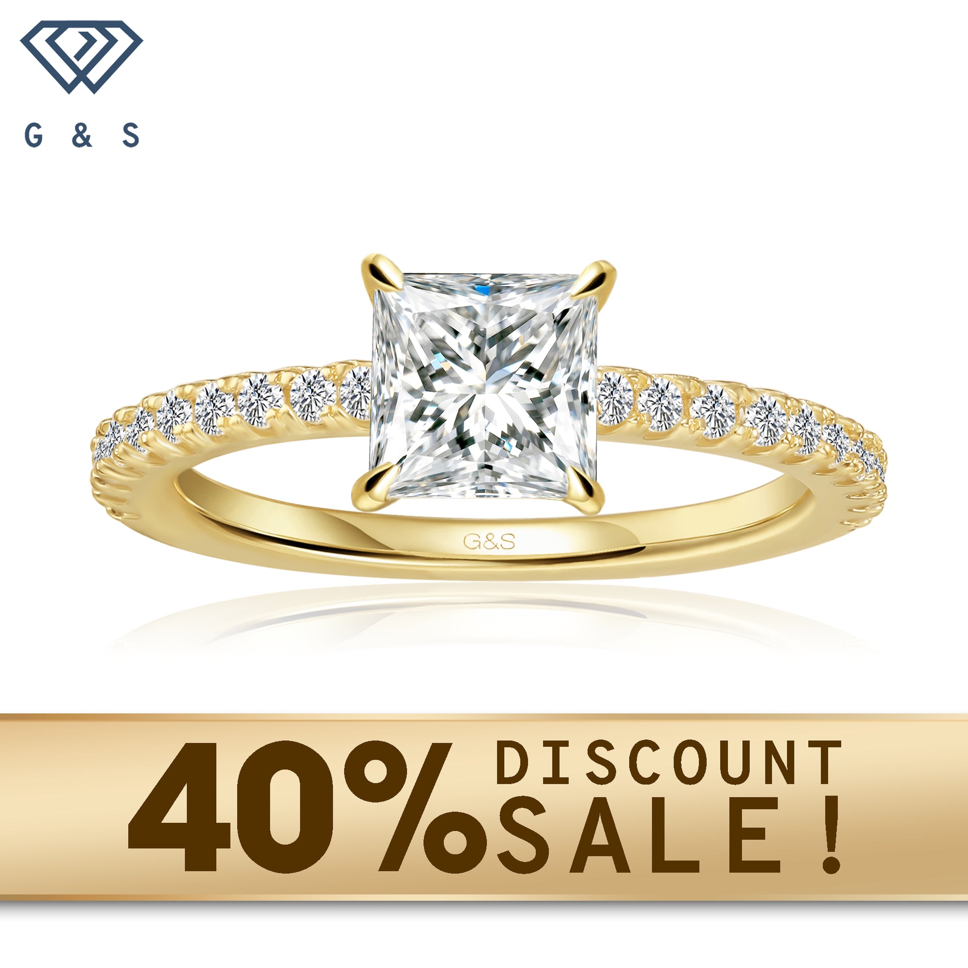 A 9ct yellow gold engagement ring with a discreet hidden halo and a brilliant princess cut moissanite.