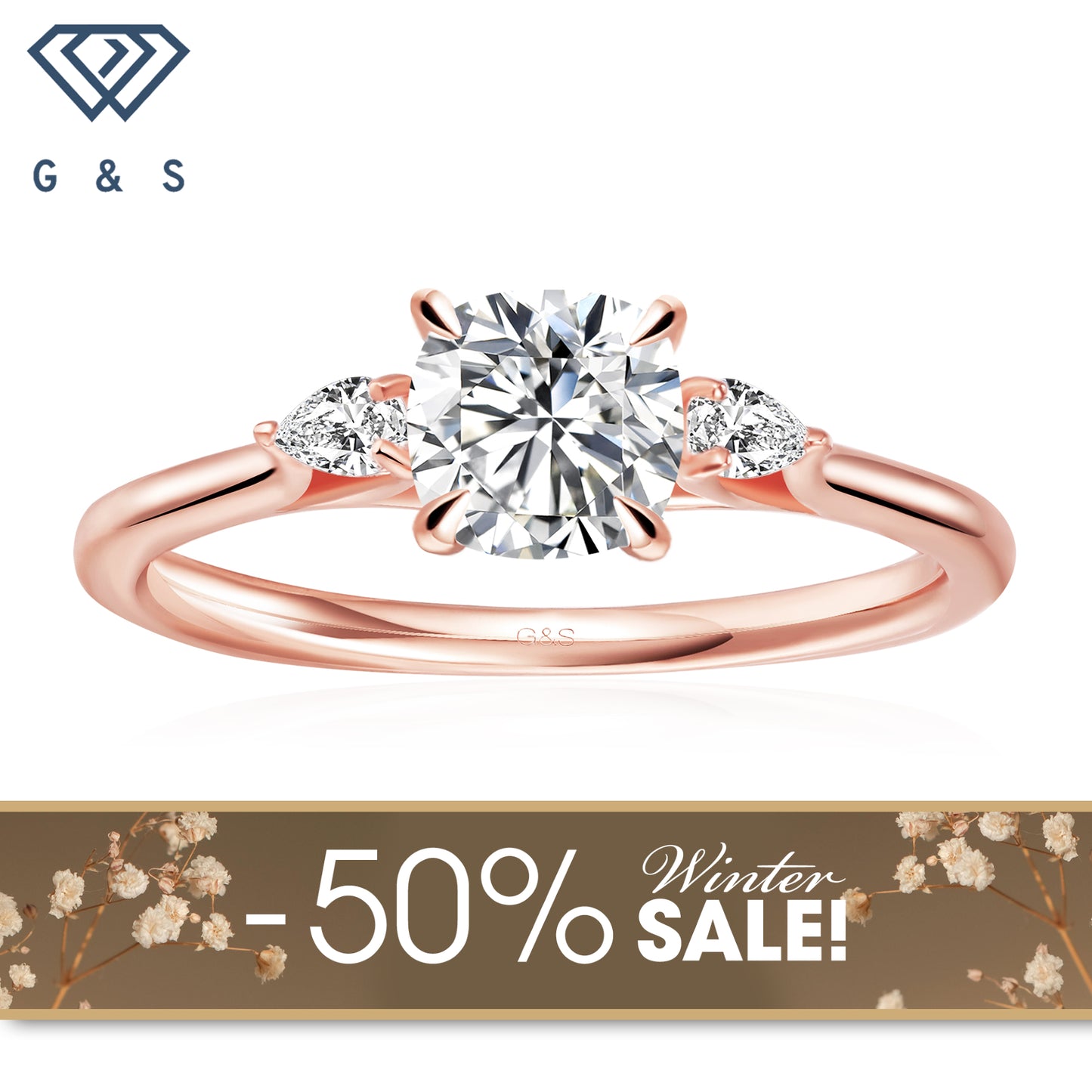 Infinite Love Trilogy Cushion Cut Moissanite Engagement Ring - 18ct Rose Gold Plated - Winter Sale