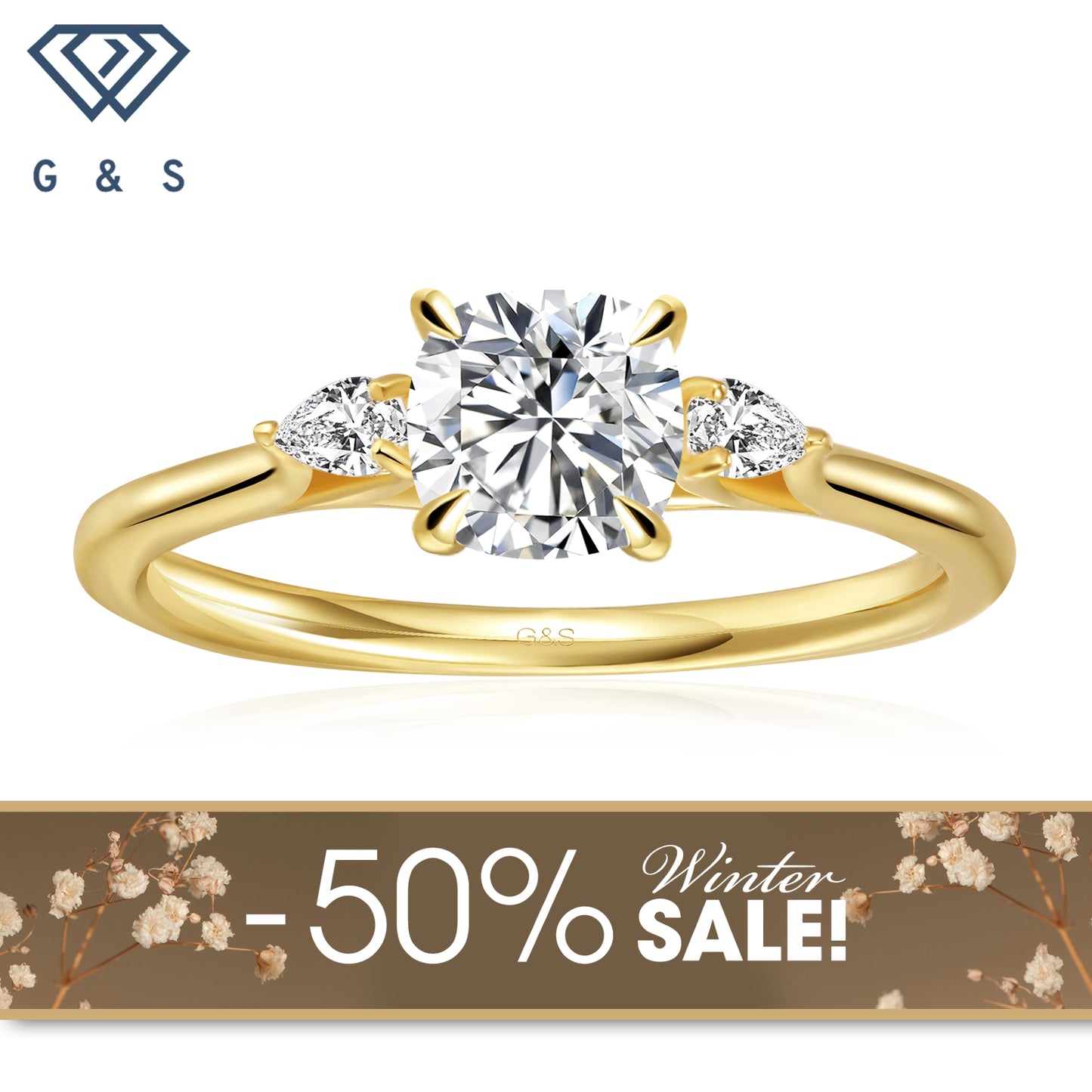 Infinite Love Trilogy Cushion Cut Moissanite Engagement Ring - 18ct Yellow Gold Plated - Winter Sale