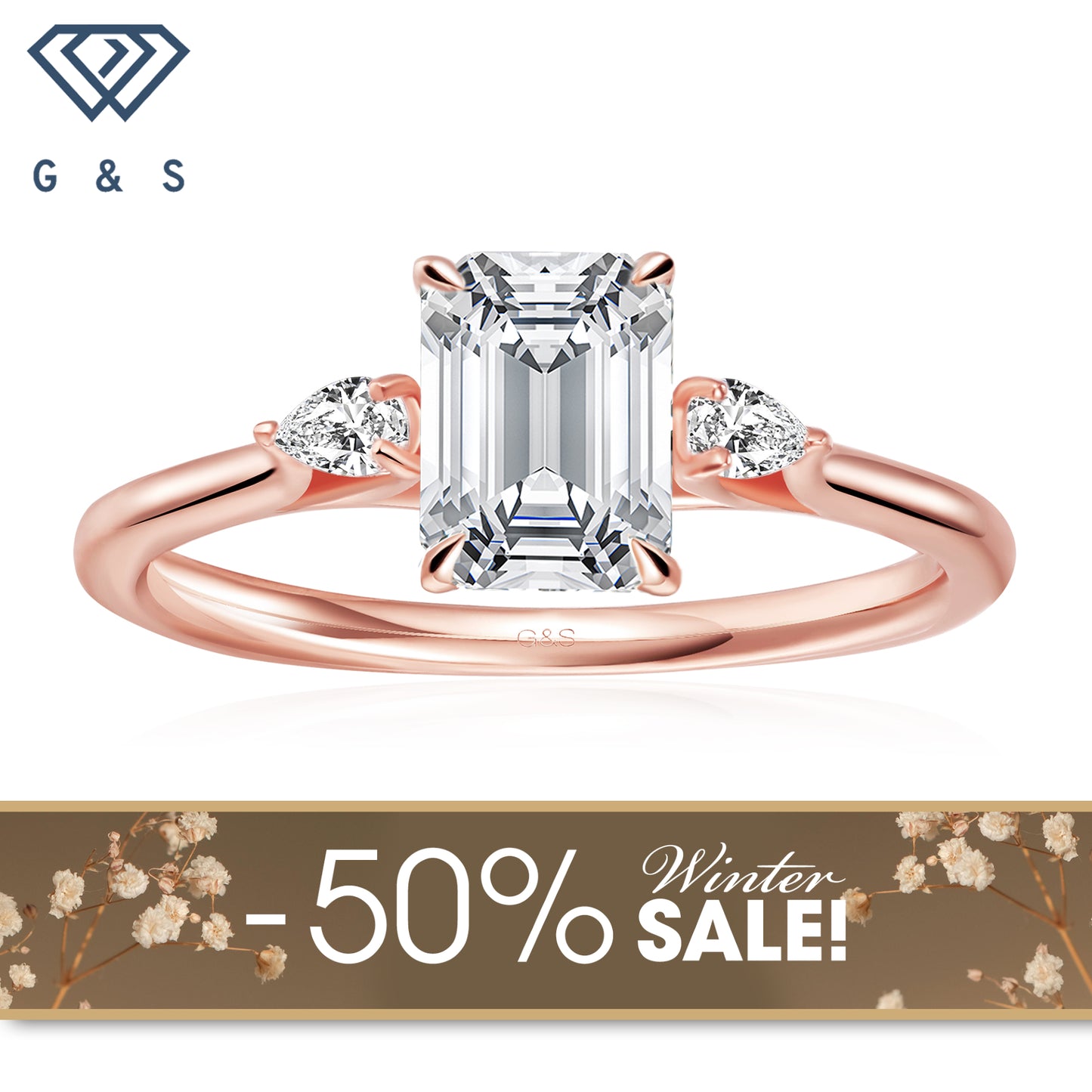 Infinite Love Trilogy Emerald Cut Moissanite Engagement Ring - 18ct Rose Gold Plated - Winter Sale