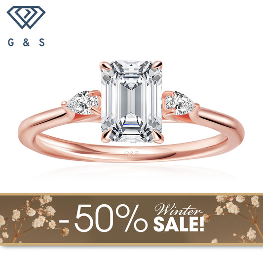 Infinite Love Trilogy Emerald Cut Moissanite Engagement Ring - 18ct Rose Gold Plated - Winter Sale