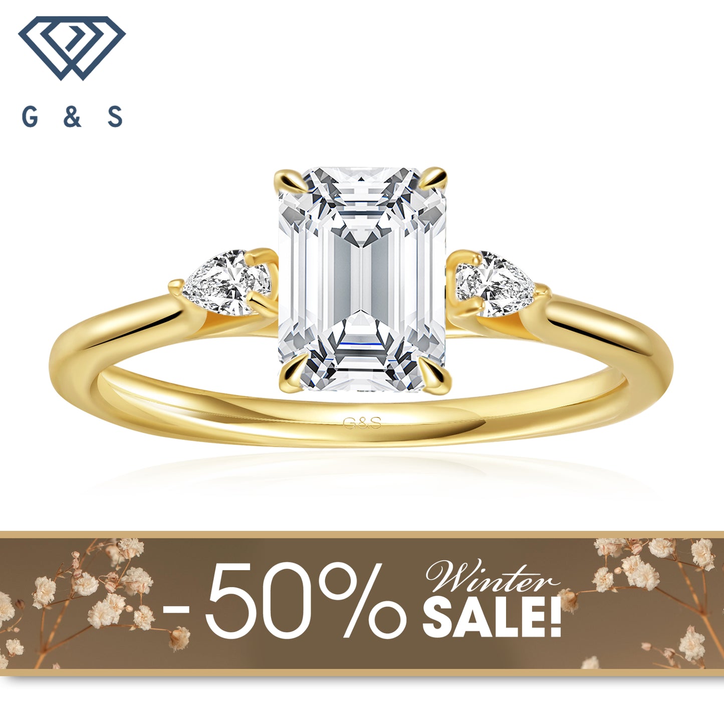 Infinite Love Trilogy Emerald Cut Moissanite Engagement Ring - 18ct Yellow Gold Plated - Winter Sale