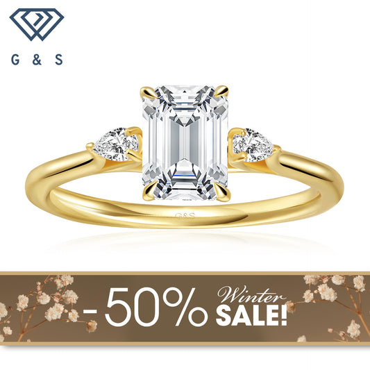 Infinite Love Trilogy Emerald Cut Moissanite Engagement Ring - 18ct Yellow Gold Plated - Winter Sale