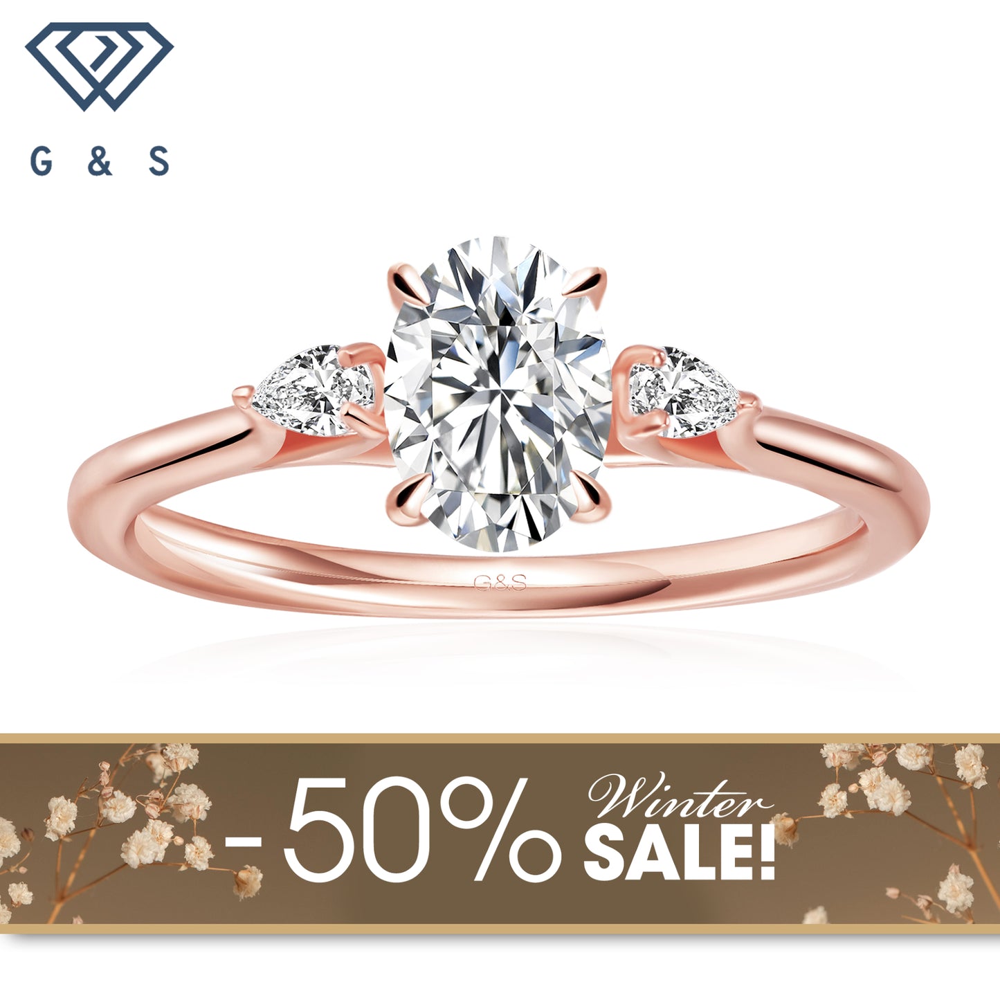Infinite Love Trilogy Oval Cut Moissanite Engagement Ring - 18ct Rose Gold Plated - Winter Sale