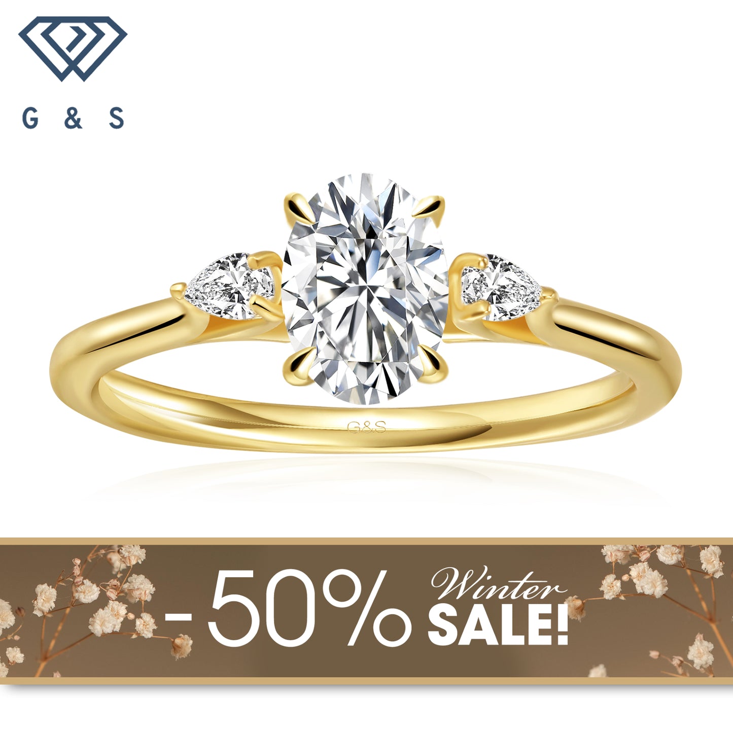 Infinite Love Trilogy Oval Cut Moissanite Engagement Ring - 18ct Yellow Gold Plated - Winter Sale