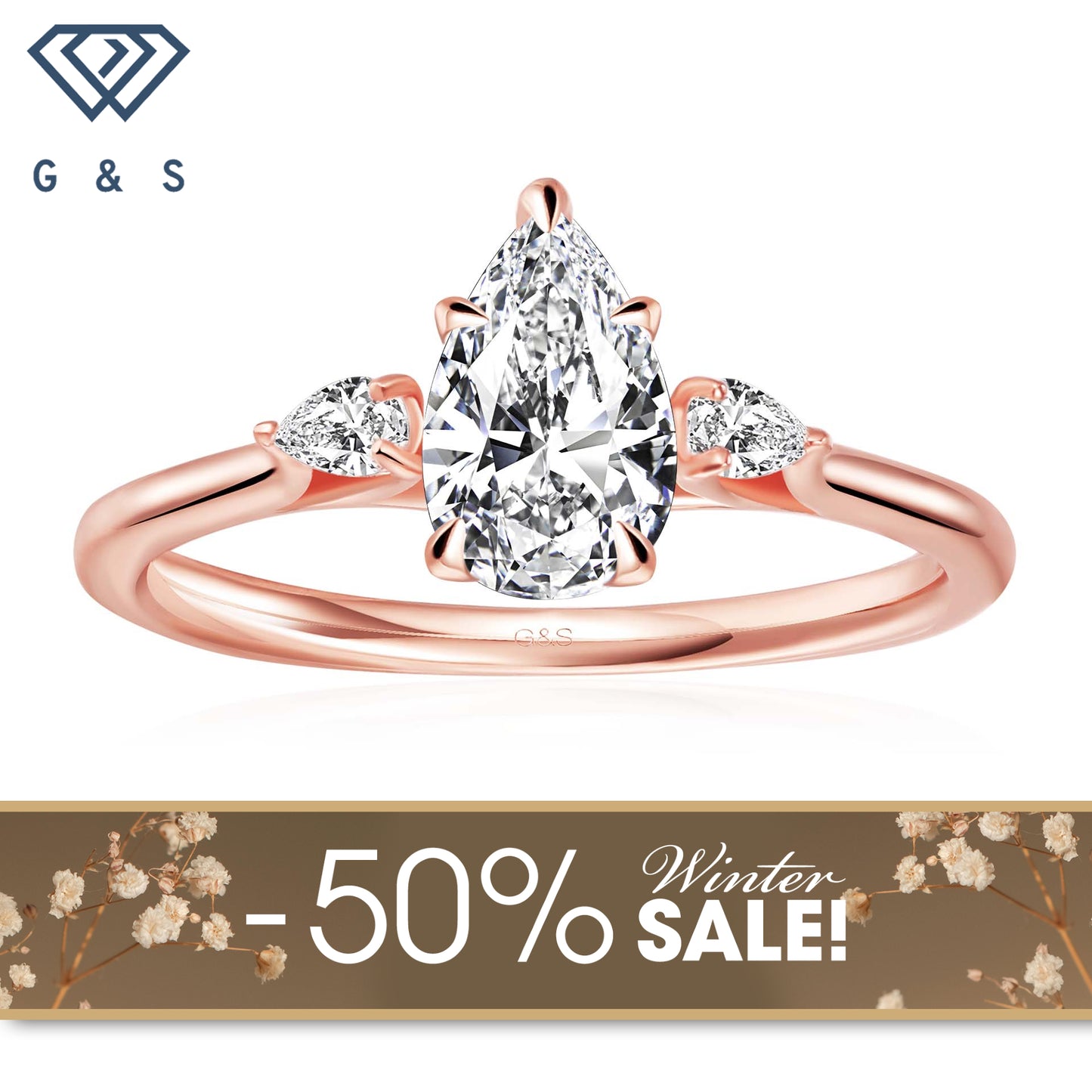 Infinite Love Trilogy Pear Shape Moissanite Engagement Ring - 18ct Rose Gold Plated - Winter Sale