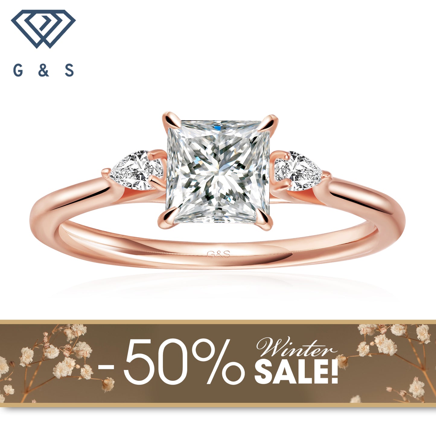 Infinite Love Trilogy Princess Cut Moissanite Engagement Ring - 18ct Rose Gold Plated- Winter Sale