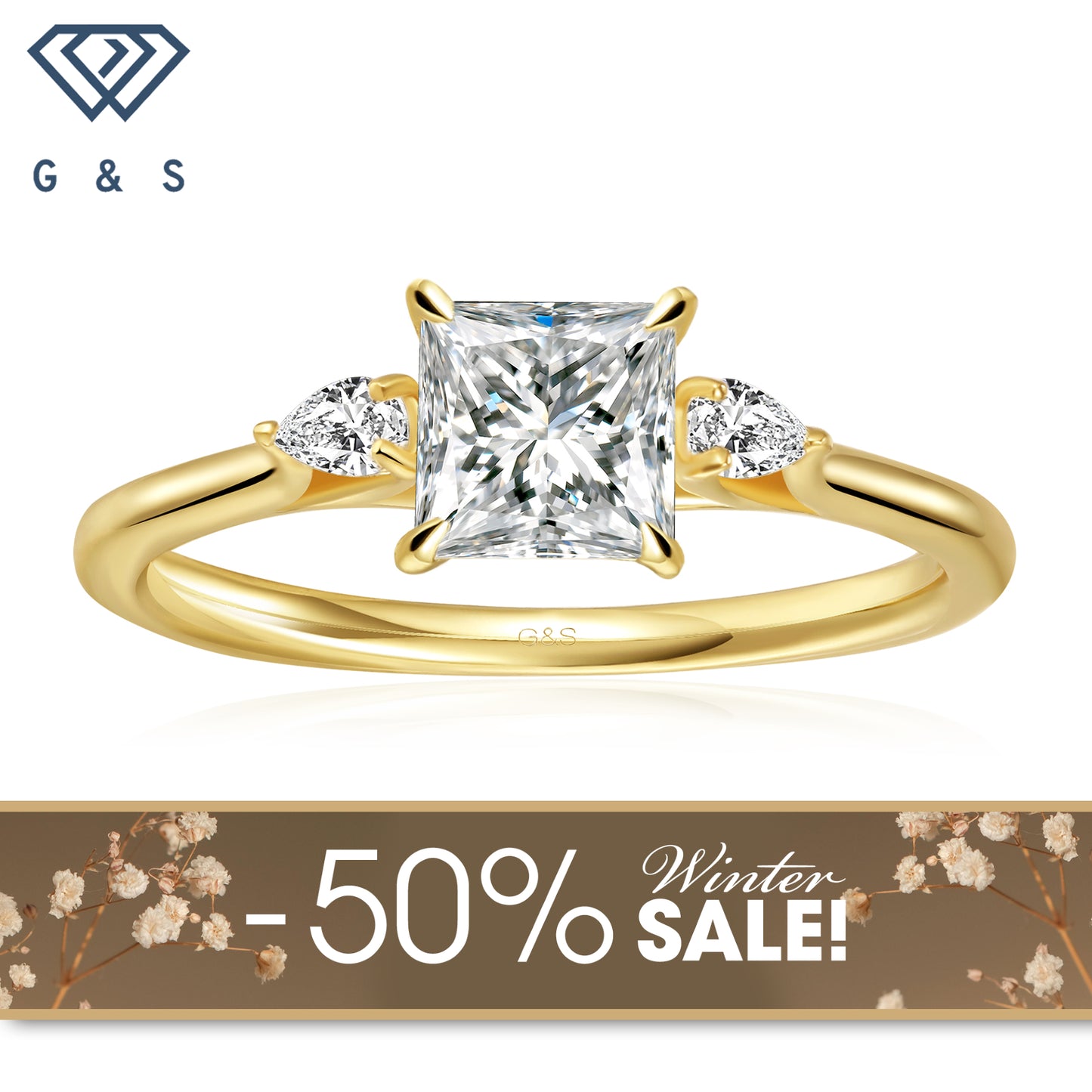 Infinite Love Trilogy Princess Cut Moissanite Engagement Ring - 18ct Yellow Gold Plated - Winter Sale