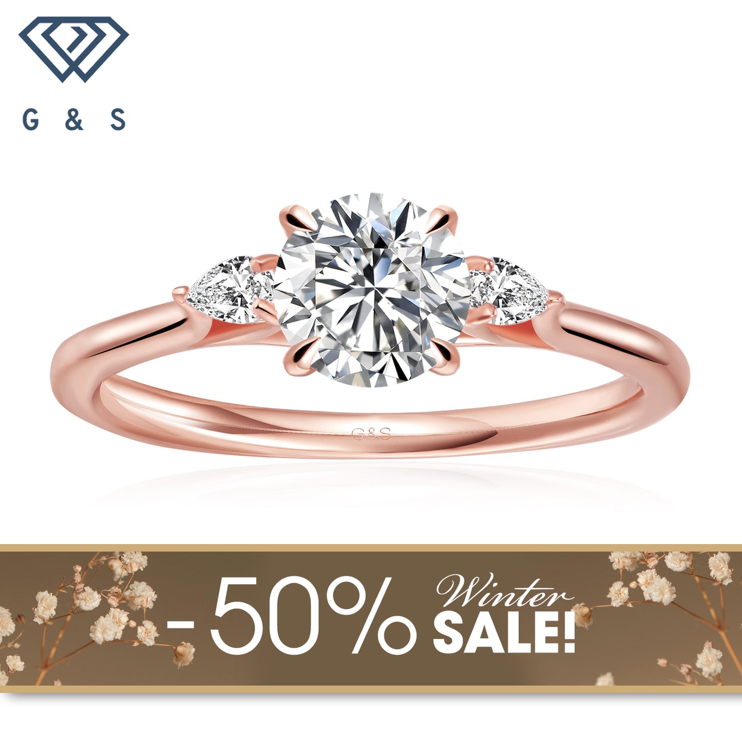 Infinite Love Trilogy Round Brilliant Moissanite Engagement Ring - 18ct Rose Gold Plated - Winter Sale