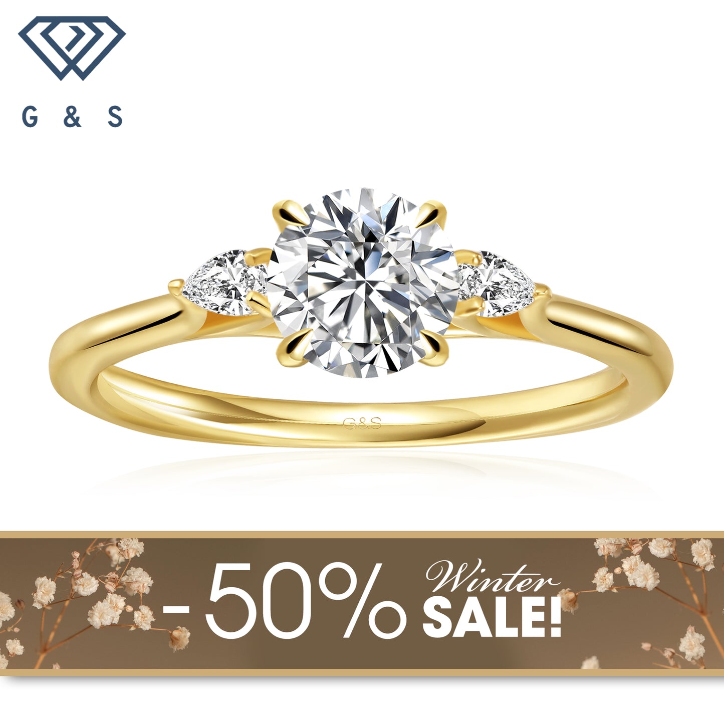 Infinite Love Trilogy Round Brilliant Moissanite Engagement Ring - 18ct Yellow Gold Plated - Winter Sale