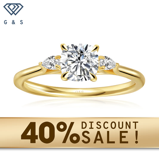 A 9ct yellow gold engagement ring featuring three cushion cut moissanites, representing your past, present, and future together.