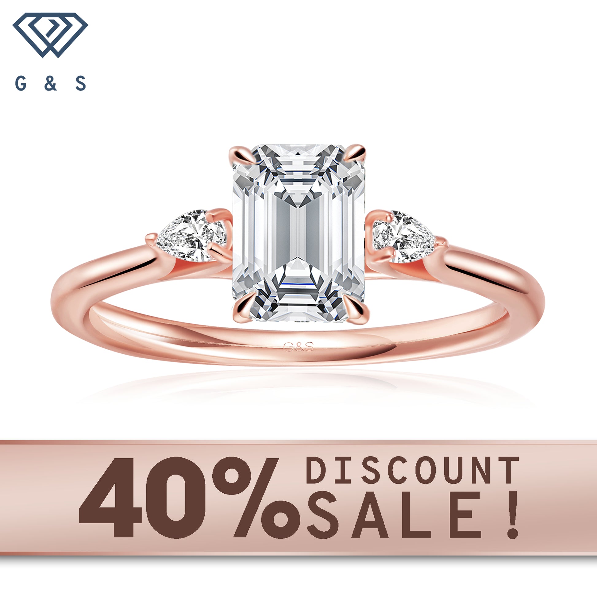 Infinite Love Trilogy emerald cut moissanite engagement ring in 9ct rose gold.