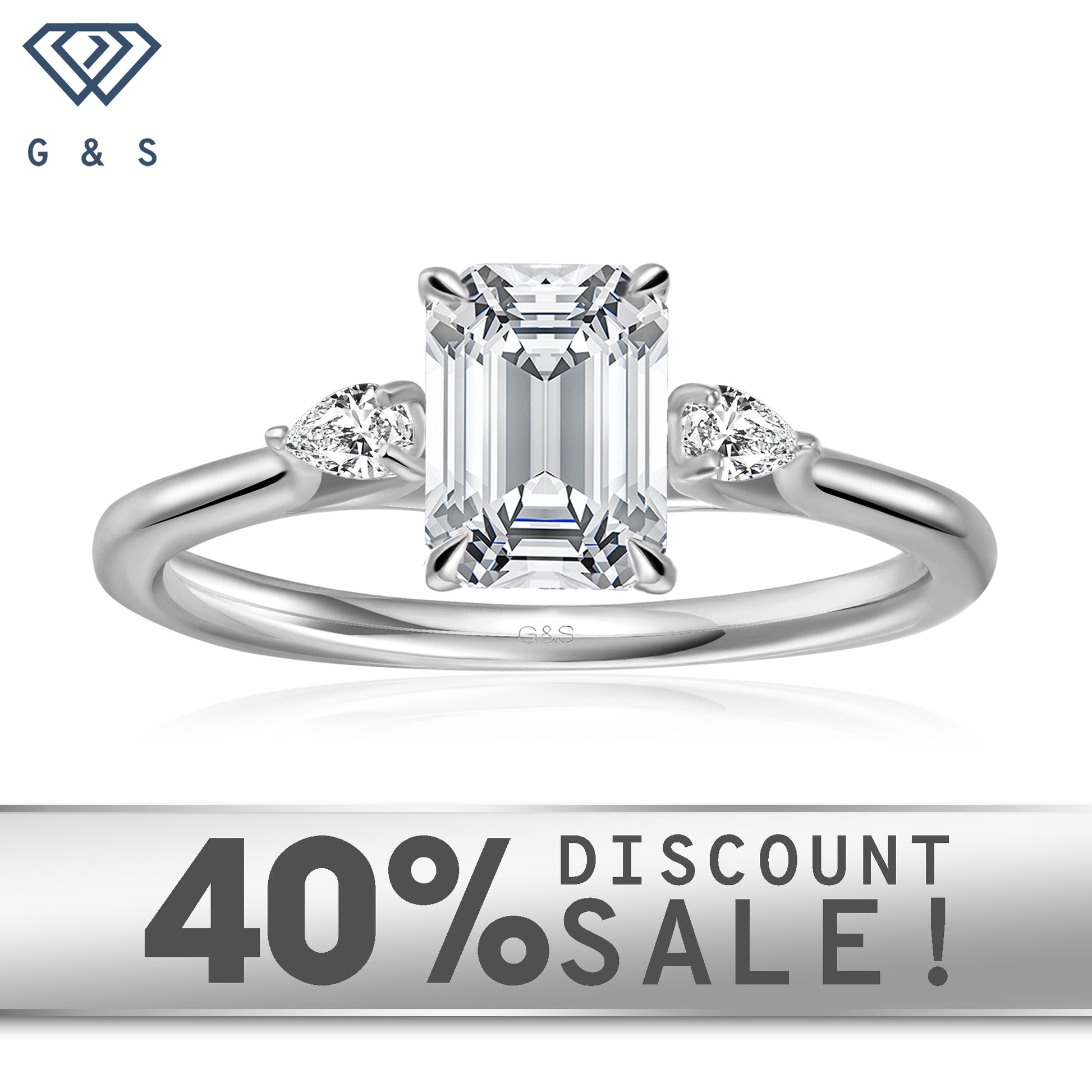 Infinite Love Trilogy emerald cut moissanite engagement ring set in 9ct white gold.