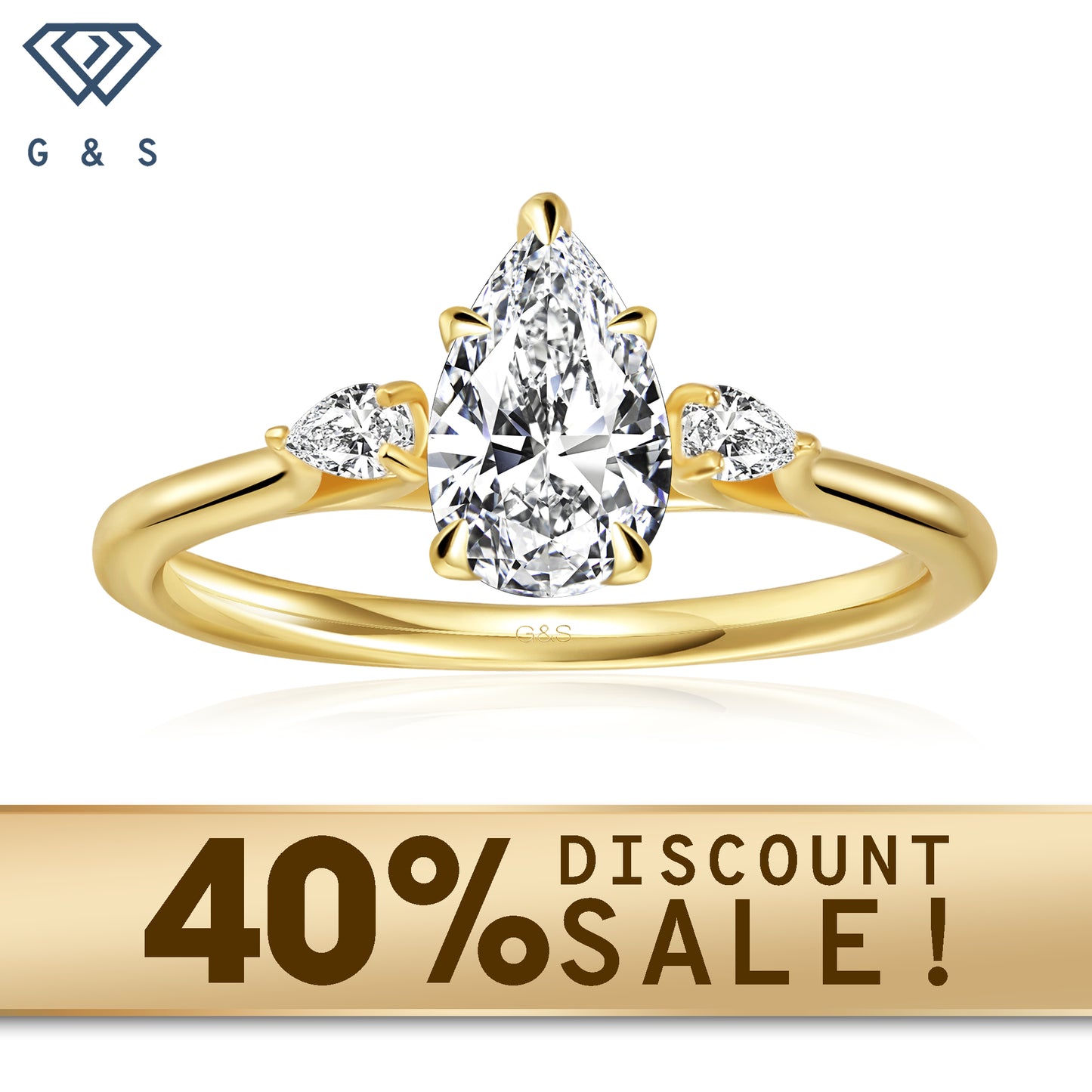 A 9ct yellow gold engagement ring with three pear-shaped moissanites representing past, present, and future.