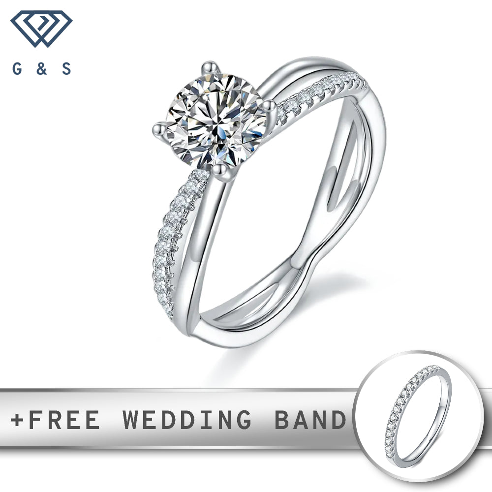 A sterling silver engagement ring featuring a central 1.00ct moissanite and a symbolic infinity band design.