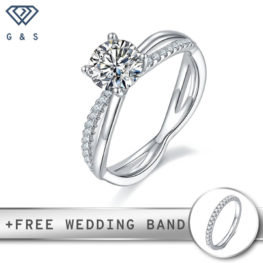 A sterling silver engagement ring featuring a central 1.00ct moissanite and a symbolic infinity band design.