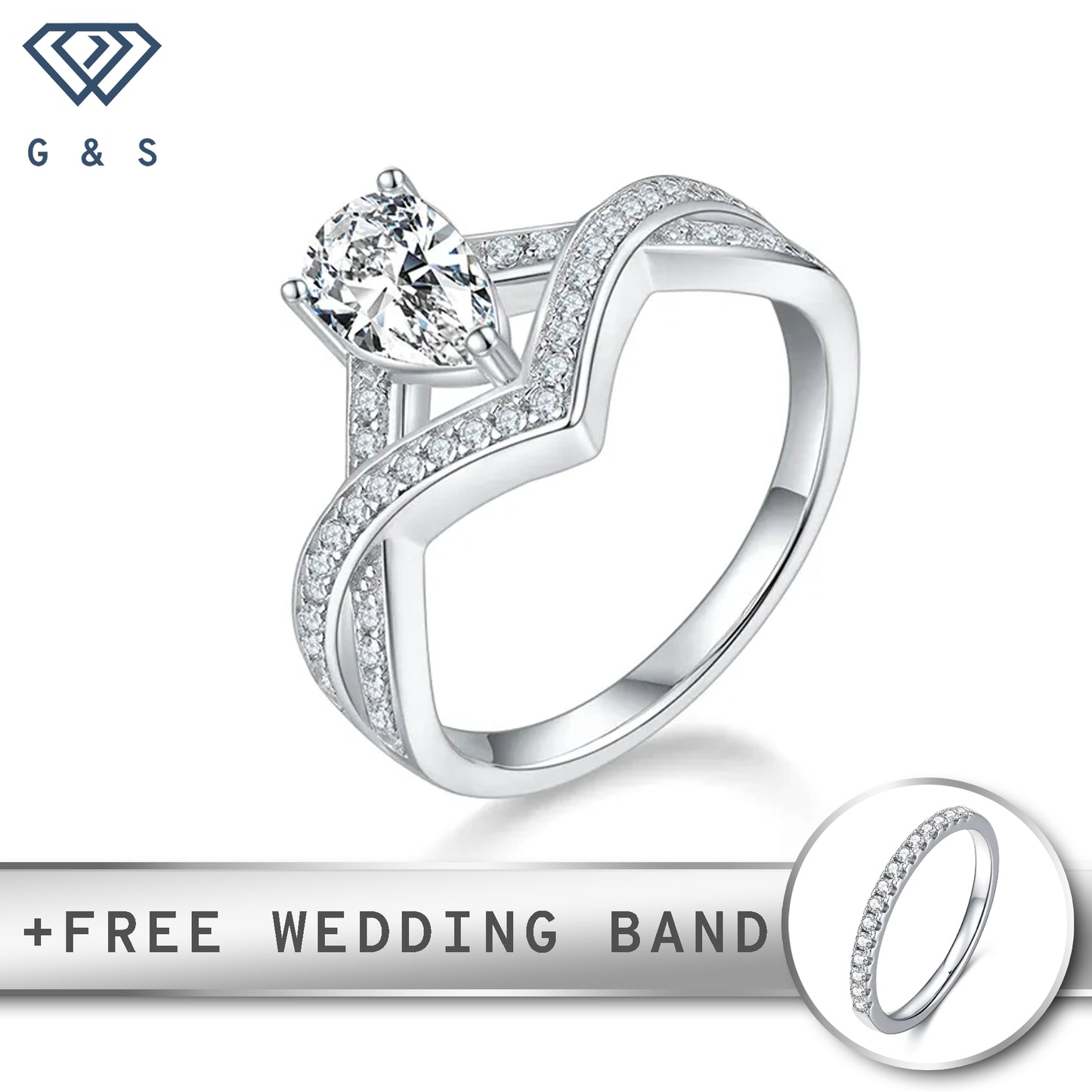 Stunning pear-shaped moissanite engagement ring in a classic infinity setting.