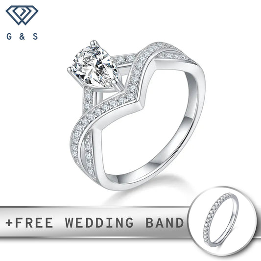 Stunning pear-shaped moissanite engagement ring in a classic infinity setting.