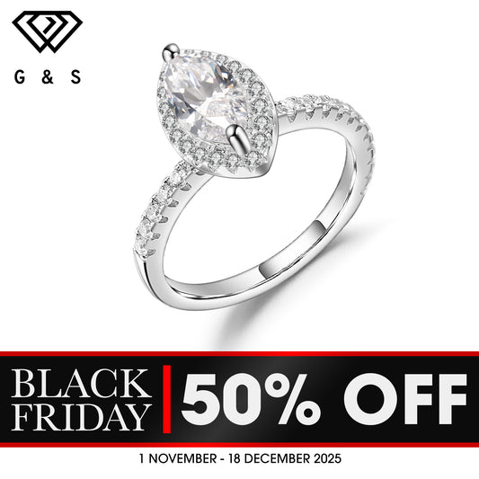 Marquise Halo 1.00ct Moissanite Engagement Ring Set in Sterling Silver - BLACKFRIDAY