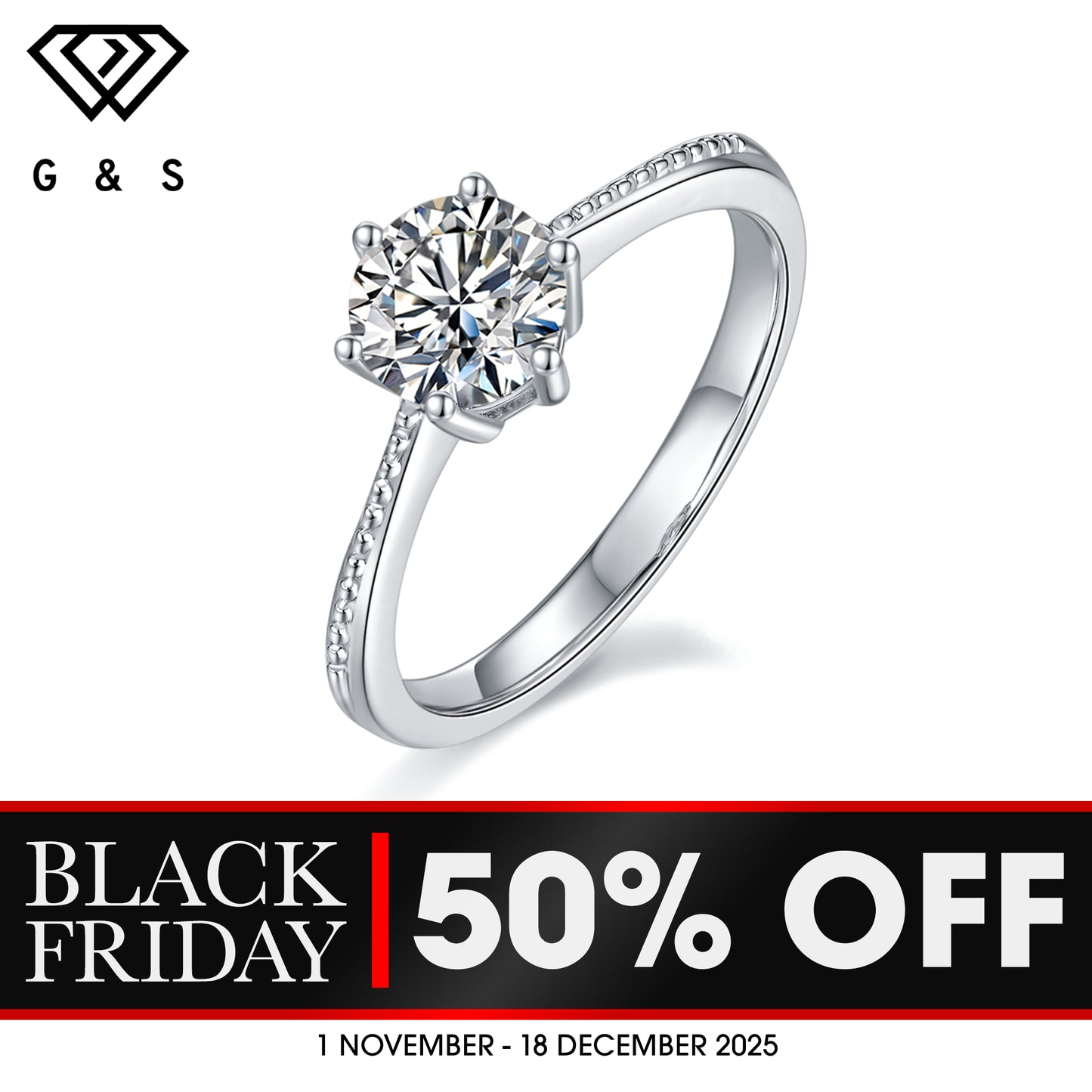 Milgrain Solitaire 6 Claw Setting 1.00ct Moissanite Engagement Ring Set in Sterling Silver - BLACKFRIDAY