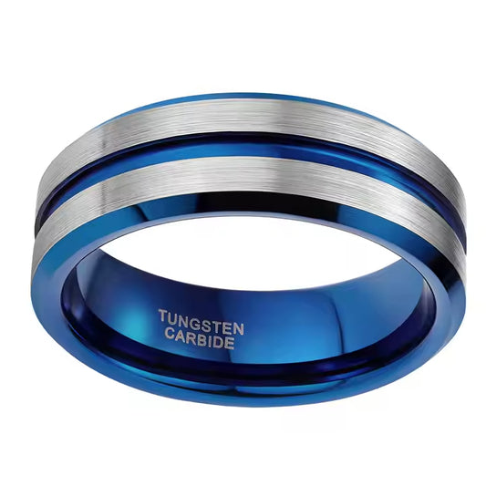 Modern Blue Groove Tungsten Ring