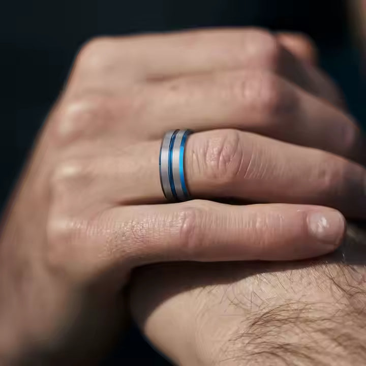 Modern Blue Groove Tungsten Ring
