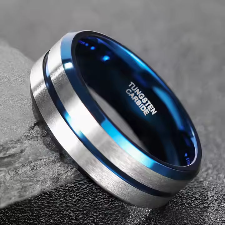 Modern Blue Groove Tungsten Ring