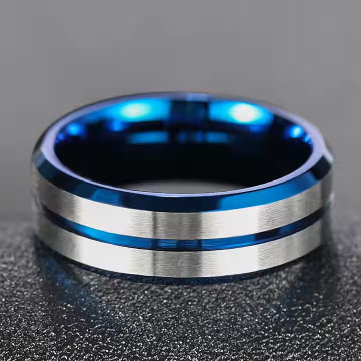 Modern Blue Groove Tungsten Ring