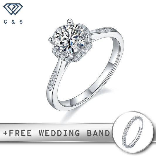 A contemporary engagement ring featuring a brilliant 1.00ct moissanite center stone surrounded by a sparkling halo, set in polished sterling silver.