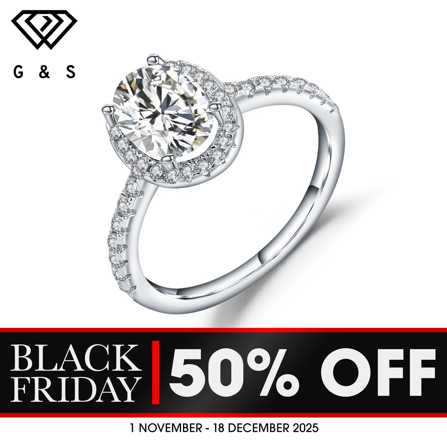 Oval Cut Halo 1.00ct Moissanite Engagement Ring Set in Sterling Silver - BLACKFRIDAY