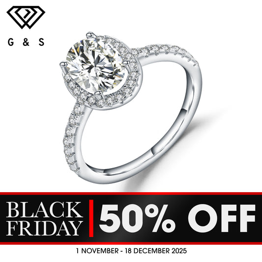Oval Cut Halo 1.00ct Moissanite Engagement Ring Set in Sterling Silver - BLACKFRIDAY