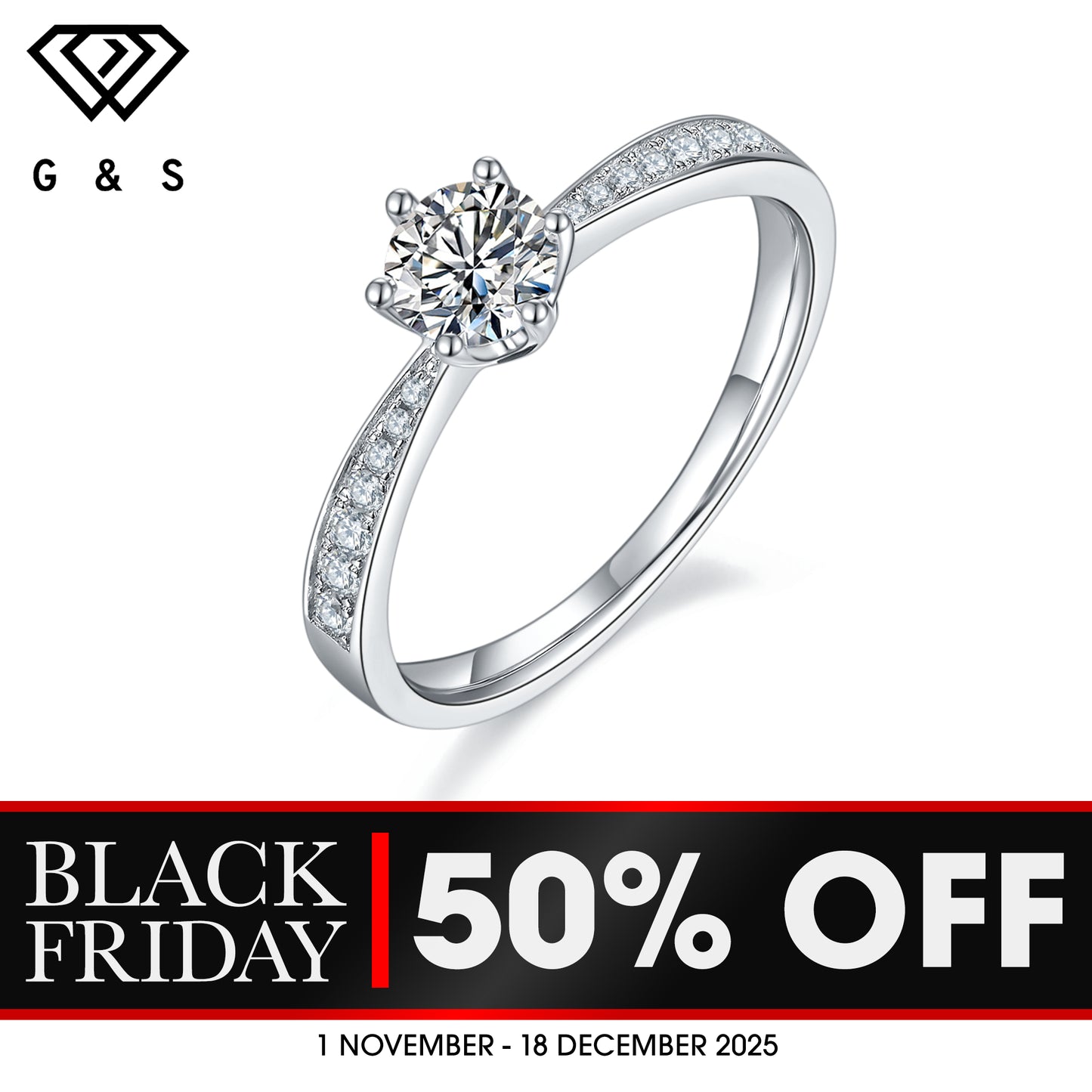 Pave Tiffany 6 Claw Setting 0.50ct Moissanite Engagement Ring Set in Sterling Silver - BLACKFRIDAY